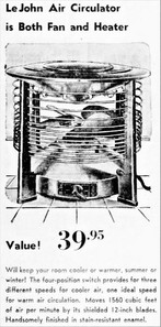 Ad for hassock-style fan, which also worked as a heater, 1949