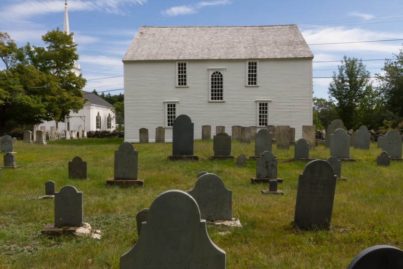 The rear of the Meeting House taken from the vantage of its Old Burying Ground. The Kellogg Church is off to the left.