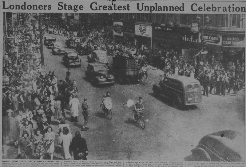 Photo of the Victory in Europe Celebrations in at Dundas and Richmond, May 8, 1945.