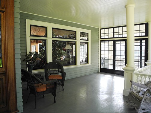 Peck-Wilson house -- the large veranda and columns are a prominent feature of the home (partially closed in now, after a modern renovation).