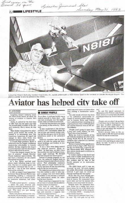 Article featuring Fred Eiche, donor of an Arrow Sport at the Lincoln Airport