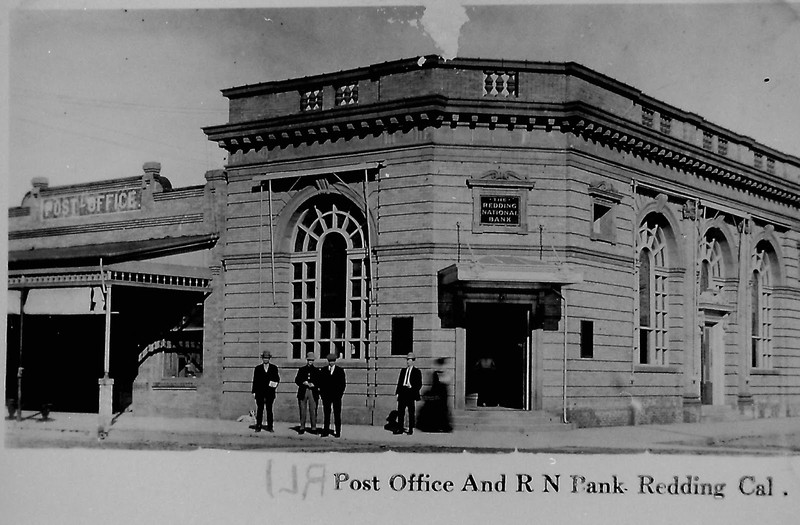 The historic Bank of Shasta County (next to the Post Office) became the Redding National Bank in 1911. This photograph is from 1920.