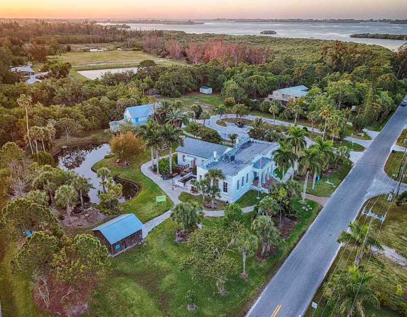 Aerial view of the Florida Maritime Museum including the 1912 Schoolhouse, Pillsbury Boat shop and the historic Burton Store. 