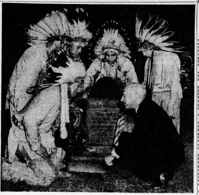 Visit by Seneca Indians and Cecil B. Demille to grave of Mesquakinoe during premiere of Unconquered.