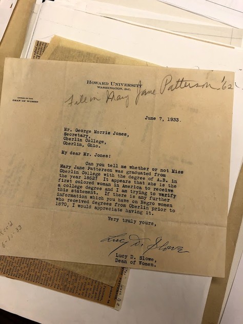 Original letter written by Lucy D. Slowe to George Morris regarding Patterson's graduation status. This letter is available in the Oberlin College Archives.