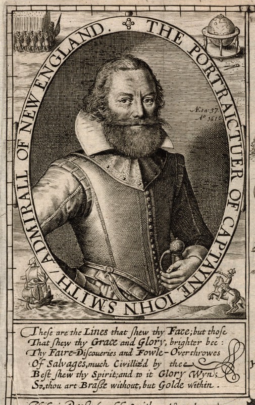 Engraving of Captain John Smith, in his book "The Generall Historie of Virginia, New England, and the Summer Isles," 1624 (public domain)