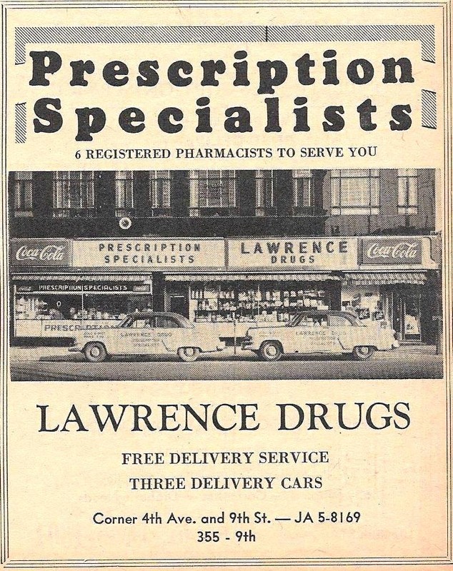 Ad for Lawrence Drugs from the mid-1950s