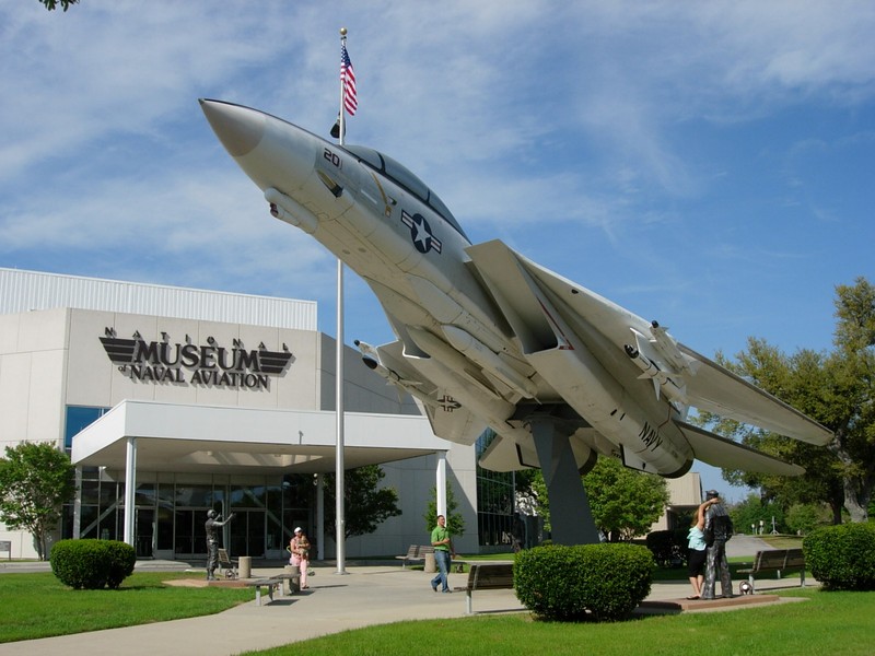 Visitors to the National Naval Aviation Museum are greeted by a F-14A Tomcat. The museum offers free admission and parking.