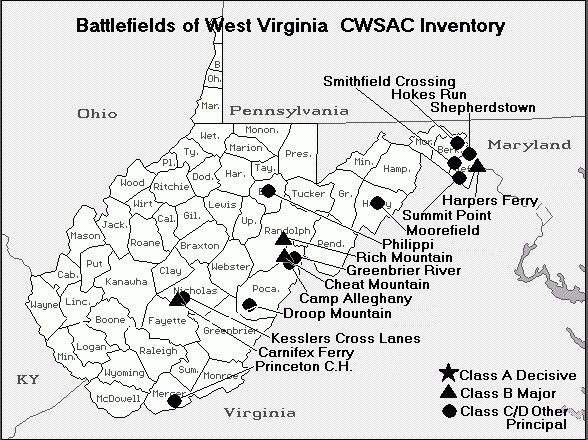 A map of different battles that occurred in West Virginia. the Battle of Moorefield can be found in the northeastern section of the state.
