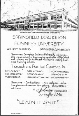 Advertisement for the Draughon Business School, located in the Wilhoit Oil Company Building