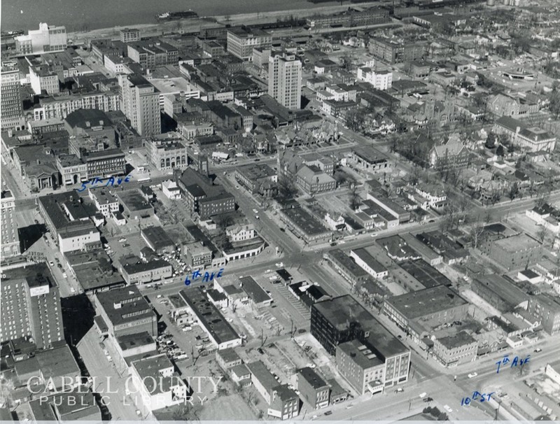 Aerial view of downtown Huntington, with the mill visible at the top left