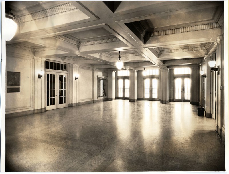 Sepia toned photograph of the unfurnished interior of the University of Oregon Medical School, Medical Science Building (Mackenzie Hall) foyer.