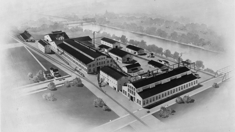 Artist's sketch of Phoenix Manufacturing Co. plant from above (1925)