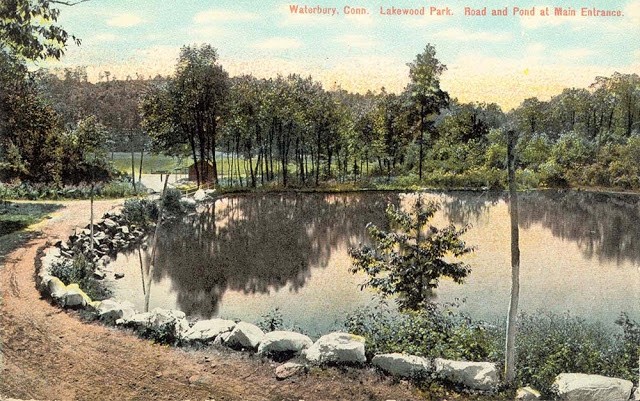 The main entrance where the road and pond meet. This issue was taken in 1907 and became a picture on a post card. A Mattatuck Museum, collection.