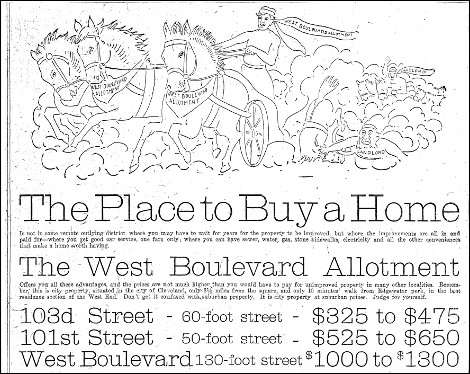 1907 Advertisement for Plots in the West Boulevard Allotment. This ad personifies the subdivision as a Ben-Hur figure who triumphantly leaves two other charioteers-- labeled "Landlord"-- in the dust. These advertisements appealed to first-time homeowners, who wanted the freedom and financial stability homeownership promises.