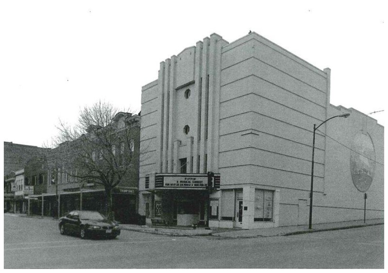 2001 photo of main (south) and side (east) facades of Hollywood Theater by Brad Finch (KSHS)