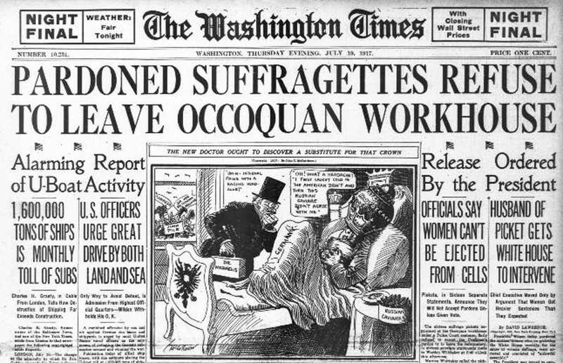 Washington Times headline of July, 19, 1917 helped break the story of the suffragists and their experience in the prison