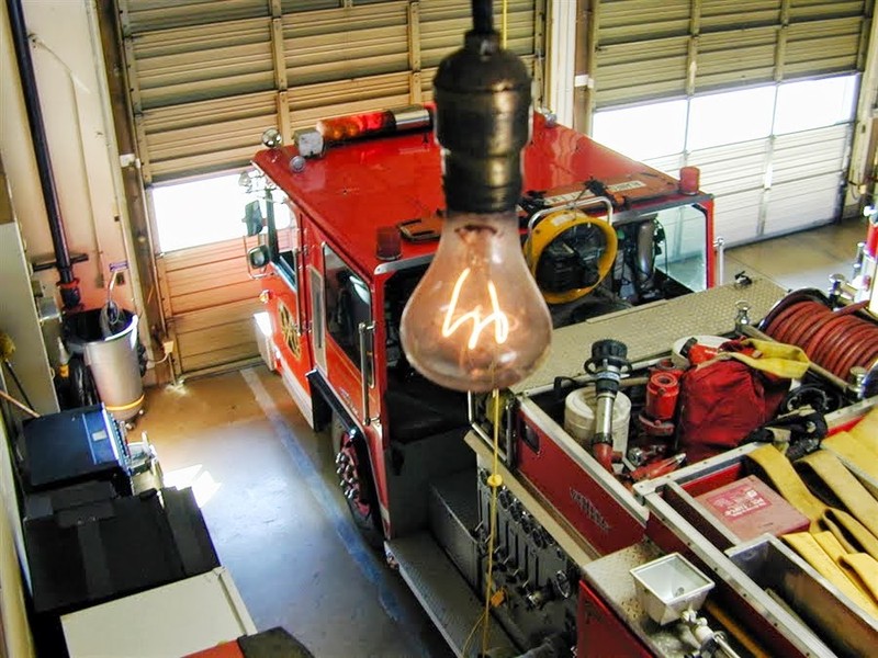 Here hangs the Centennial Light Bulb overlooking Fire Station #6's Fire Engine. 