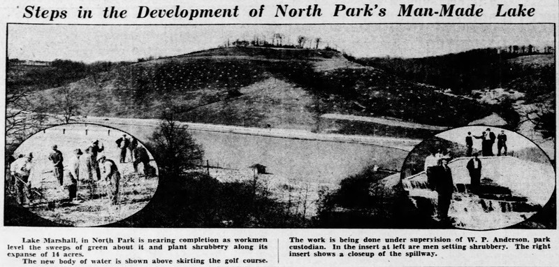 Black and white image of a lake, one inset picture shows a group of men planting shrubs, the second shows men standing on a series of rock steps with water cascading over them. Title of photo reads "Steps in the Development of North Park's Man-Made Lake. Description below the photo reads "Lake Marshall, in North Park is nearing completion as workmen level the sweeps of green about it and plant shrubbery along its expanse of 14 acres. The new body of water is shown above skirting the golf course. The work is being done under supervision of W.P. Anderson, park custodian. In the insert at left are men setting shrubbery. The right insert shows a closeup of the spillway."