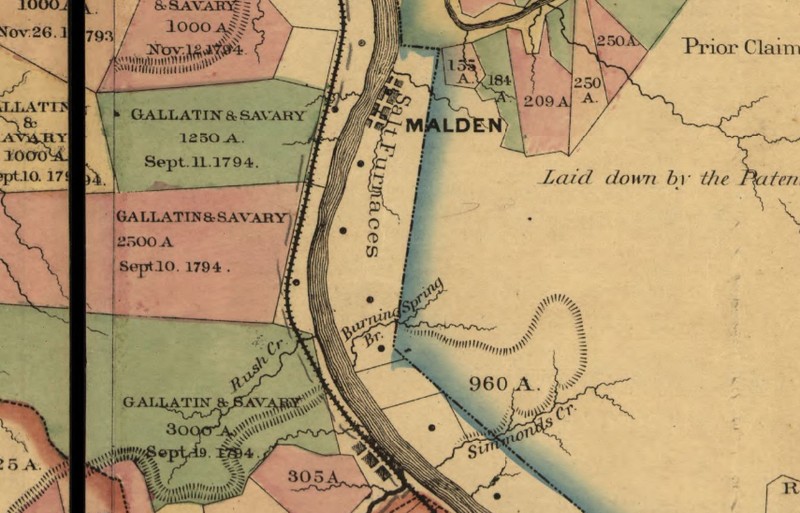 Section of a 1867 title map showing the location of Burning Springs and nearby salt furnaces