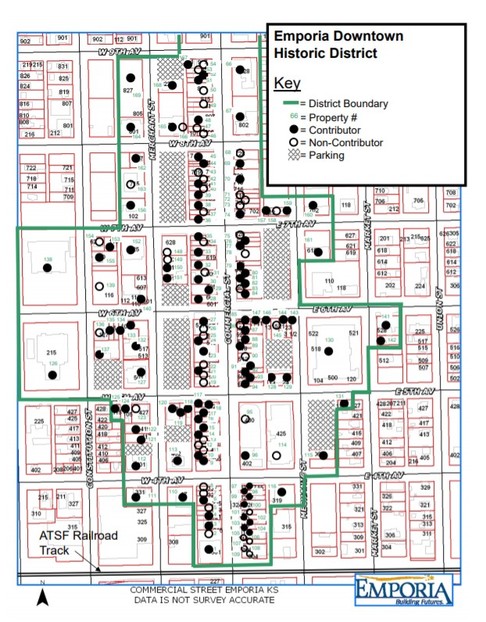 Map of Emporia Downtown Historic District from 9th St. southward, Moore's Block = #100 green (Davis 2011)