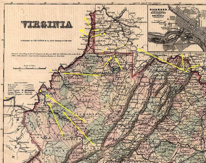 Map of Underground Railroad routes through western Virginia.