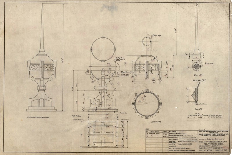 Page from bridge blueprints showing spire dimensions & assembly