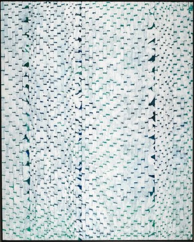 Image of a painting by Alma Thomas, which consists of many very short strokes of varying shades of white arranged on a dark background peeking through. The background is especially visible along three vertical axes of the painting.