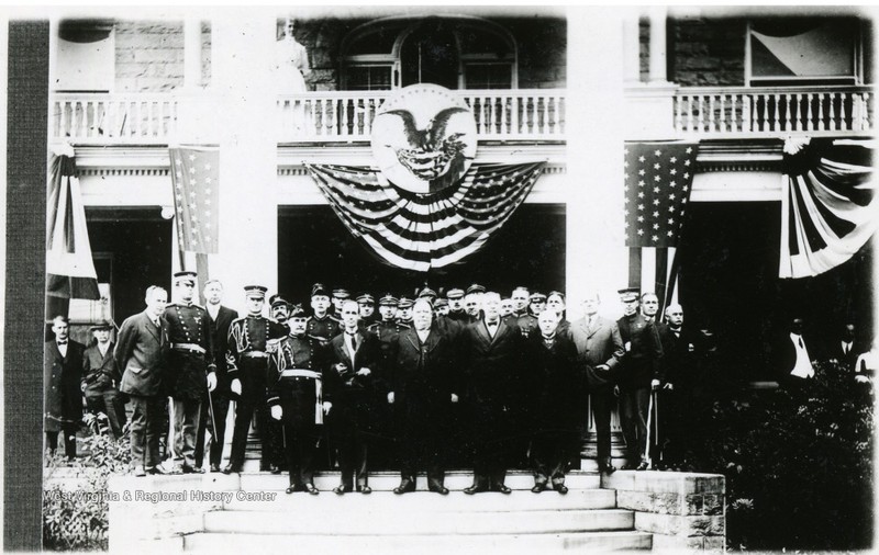 President Taft giving a speech in front of the Purinton House in 1911. Purinton appears in the front row on the left.