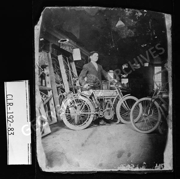 Photograph of man who may be Ben Epps with a motorcycle built by him, Athens, Clarke County, Georgia, ca. 1900-1910