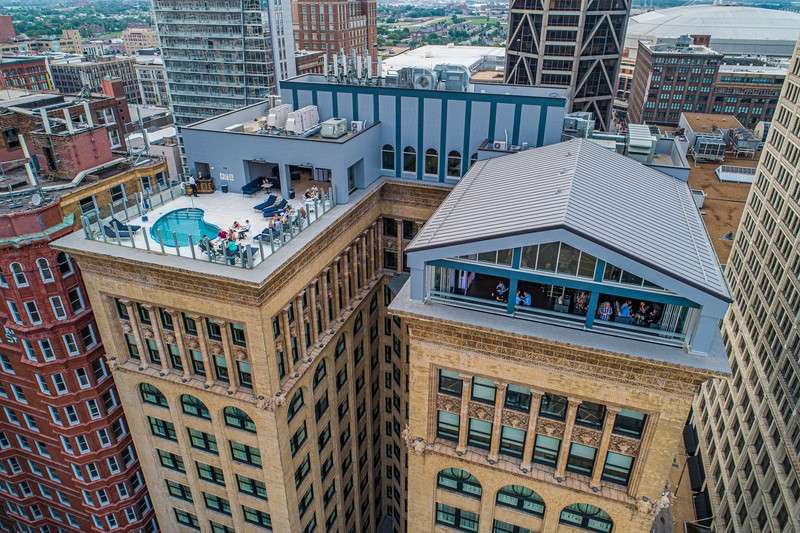 Areal view of the Warrior Hotel rooftops and rear. 