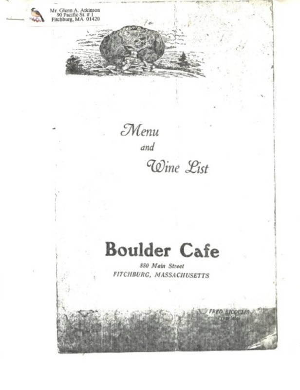 The cover of the Boulder Cafe's menu and wine list. The cover features a drawing of the Rollstone Boulder. 