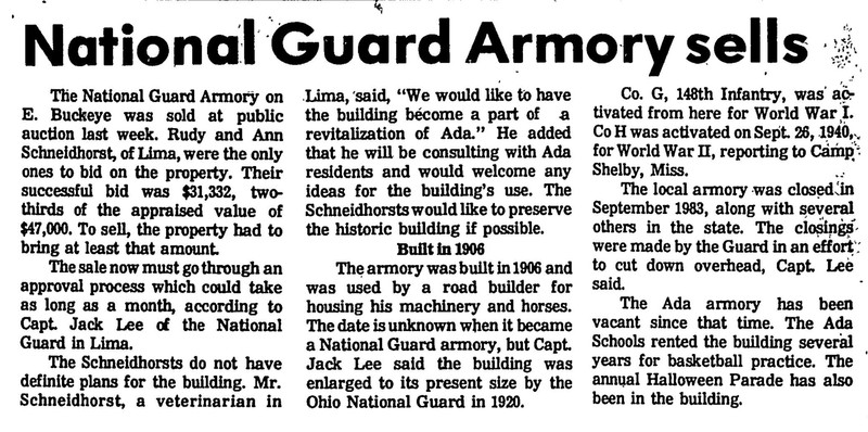 Newspaper article from 1987 describing the sale of the Armory to Mr. and Mrs. Schneidhorst