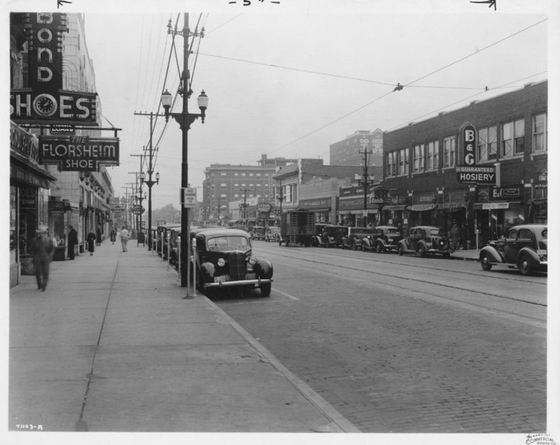1935 Photo of Troost Avenue. Woolworth's is located on the right, one building past the B & G Hosiery store.