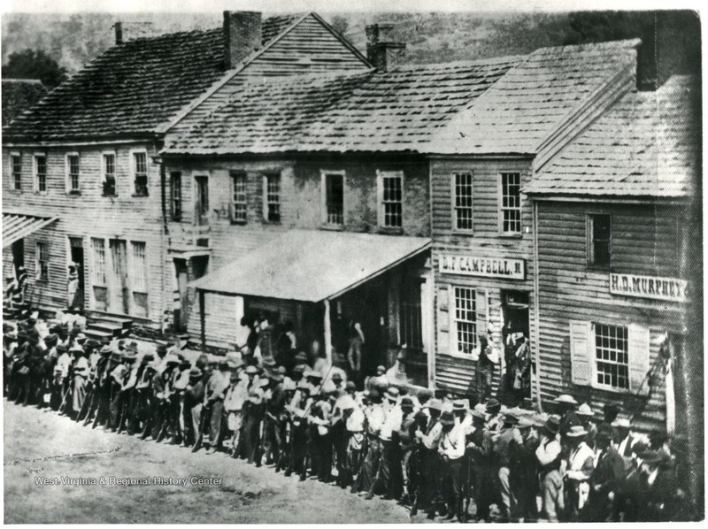 Volunteers for the Union Army gathering on High Street in Morgantown in 1861.