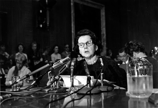 Rachel Carson testifying before Congress about why DDT should be banned from all use in the agriculture and big business industry