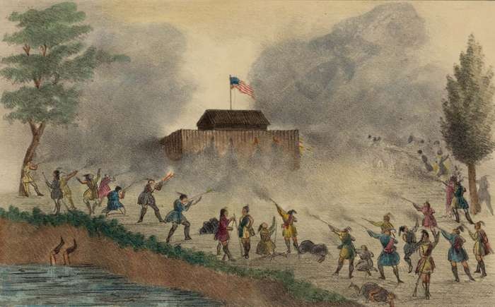 Seminoles attacking a fort, possibly on the Withlacoochee River, in December 1835 during the Second Seminole War.