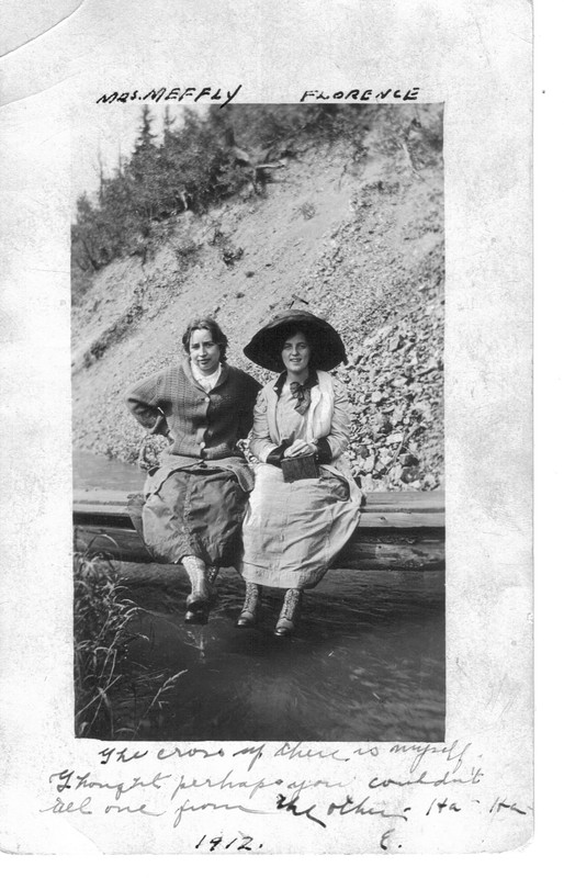 A picture-turned-postcard, circa 1912, addressed to Mr. Carl Hedenskog, in La Junta, Colorado. The women are self-identified as Mrs. Meffly and Florence [Hedenskog]. Notice the large hat and the lace-up, close-toed shoes.