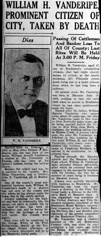 Obituary for William Harvey Vanderipe, 1930