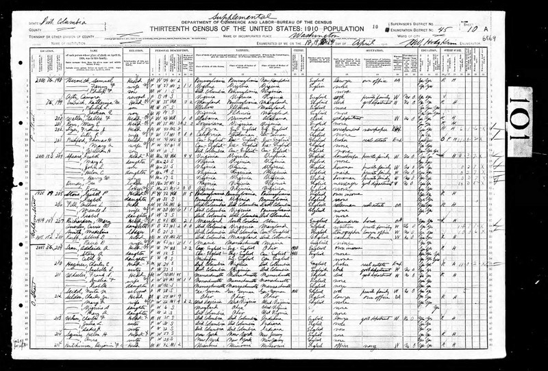 Page from 1910 DC Census with information written in by hand