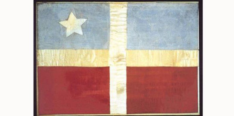 Lola Rodríguez de Tió's flag for Lares. This 150 year-old flag was exhibited at the University of Puerto Rico in 2018.