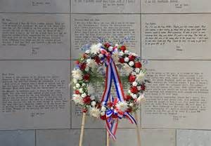 A wreath in front of the Ohio Veterans Plaza