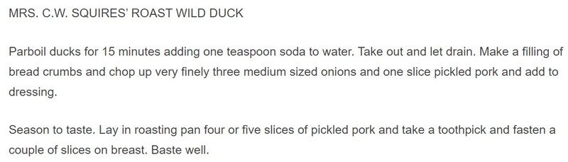 Recipe for roast wild duck contributed by Mrs. Susan Squires to the local First Presbyterian Church cookbook in 1900 