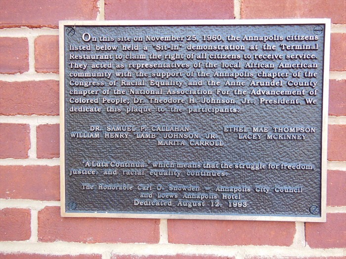 The Plaque memorializing the advocates of the Annapolis Sit-In