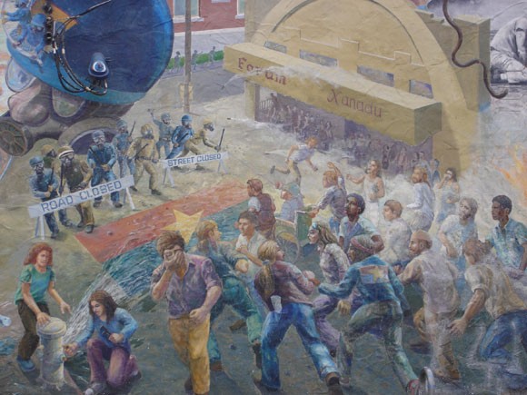 "A People's History of Telegraph Avenue" mural depicting protestors being tear-gassed during the People's Park demonstrations