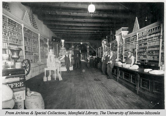 Image of the interior of the grocery department of the Missoula Mercantile Co. circa 1910. Image courtesy of mtmemory.org