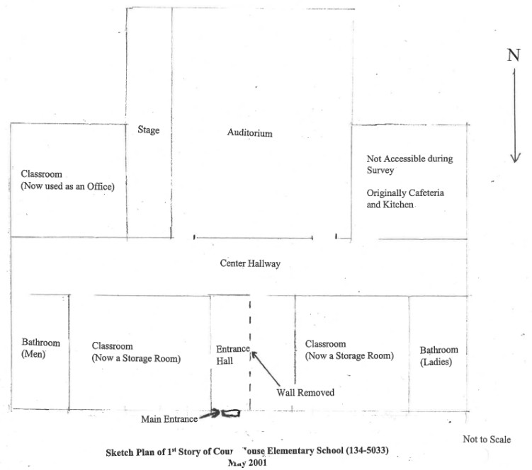 A sketched plan of the first floor of the 1931 Court House Elementary School building.