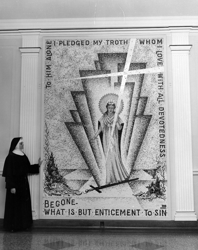 Sister Agnessa Ruder with the mosaic she created for St. Mary's Springs Academy, 1960s.