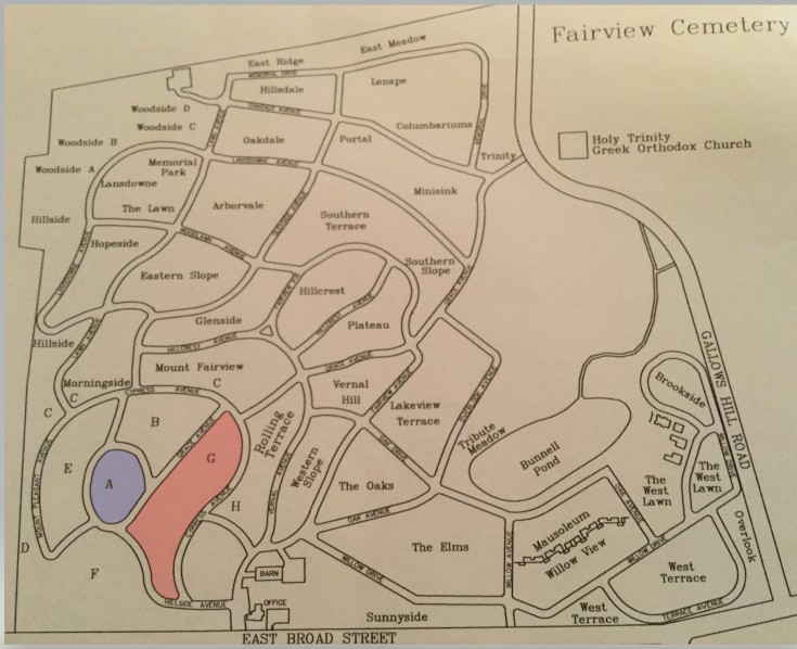 Fairview Cemetery map. Civil War Soldier section in red area, Denman family section in blue area.