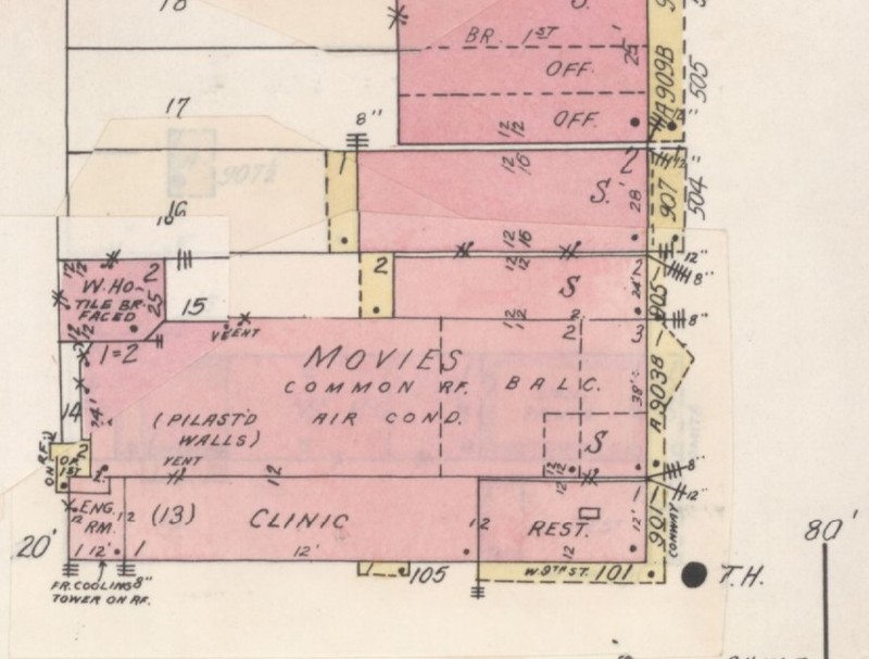 Border Theater building on 1949 Sanborn Insurance Map of Mission; red=brick, yellow=wood, S=store (p. 2)